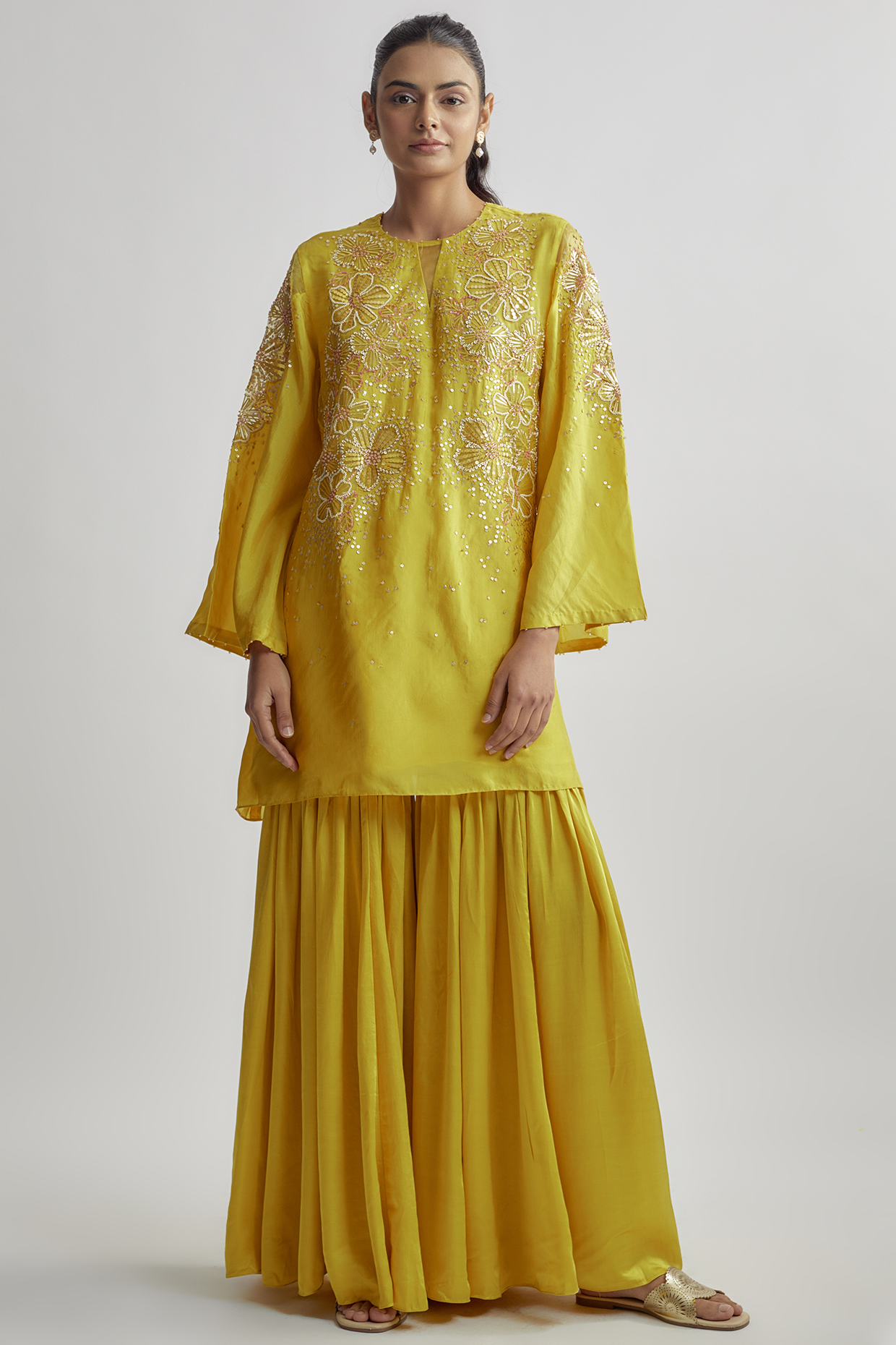 Yellow Viscose Silk Embroidered Kurta Set by One not two at Pernia's Pop Up Shop