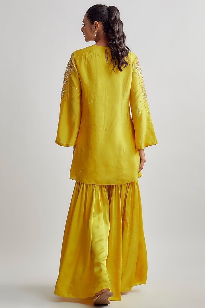 Yellow Viscose Silk Embroidered Kurta Set by One not two at Pernia's Pop Up Shop