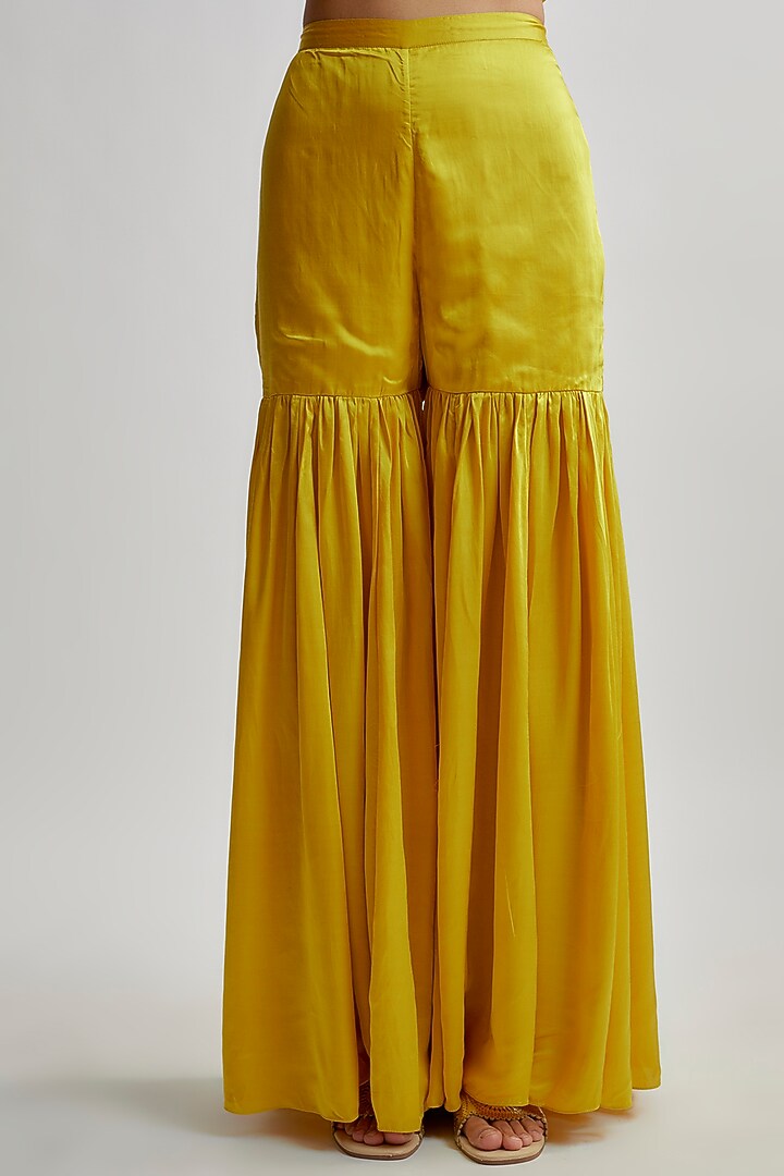 Yellow Viscose Silk Embroidered Kurta Set by One not two at Pernia's Pop Up Shop