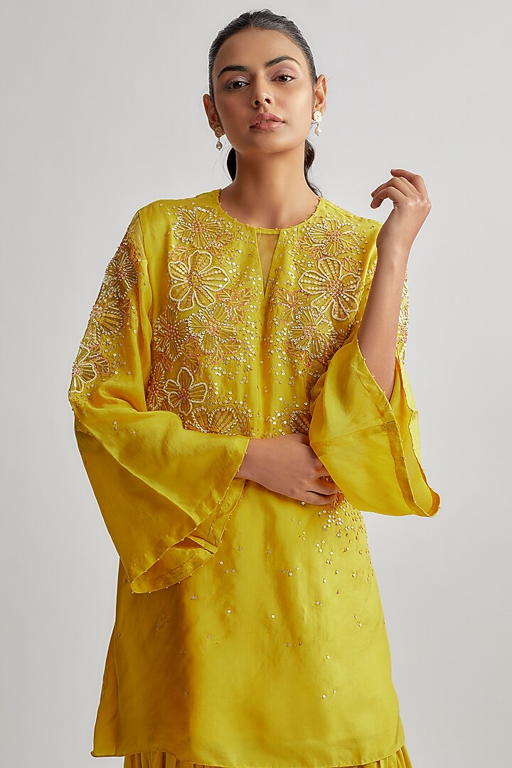 Yellow Viscose Silk Embroidered Kurta Set by One not two at Pernia's Pop Up Shop