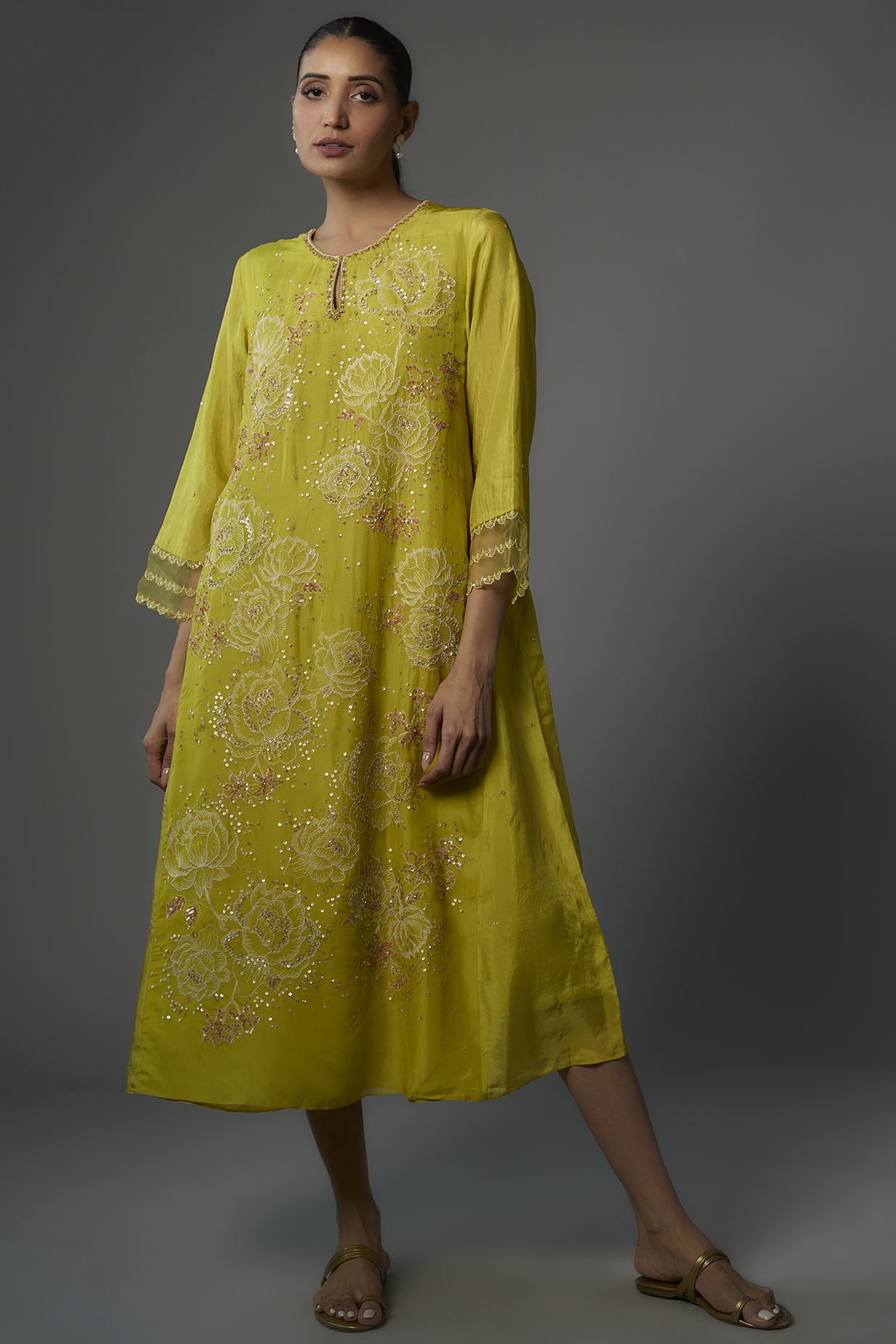 Citrine Viscose Silk Embroidered Kurta by One not two at Pernia's Pop Up Shop