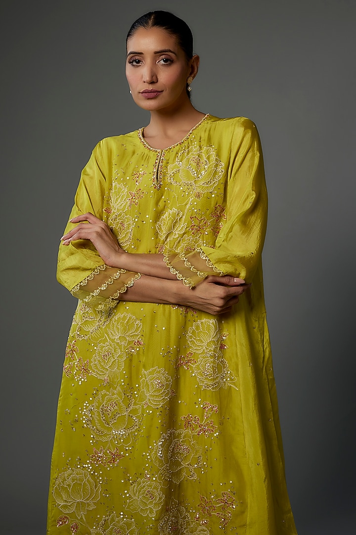 Citrine Viscose Silk Embroidered Kurta by One not two at Pernia's Pop Up Shop