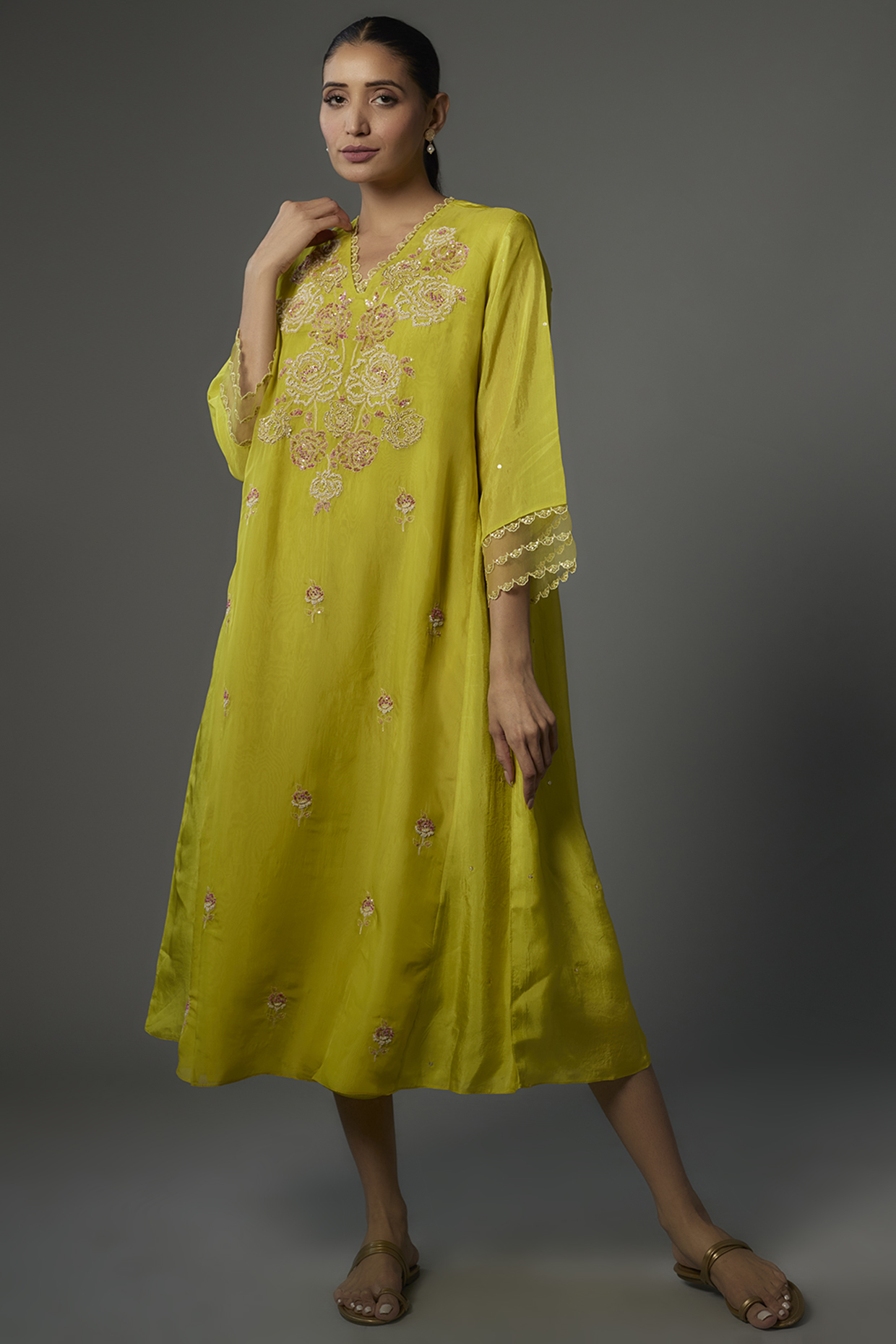 Citrine Viscose Silk Embroidered Kurta by One not two at Pernia's Pop Up Shop