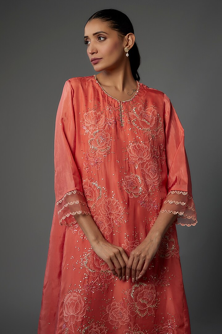 Coral Viscose Silk Embroidered Kurta by One not two at Pernia's Pop Up Shop