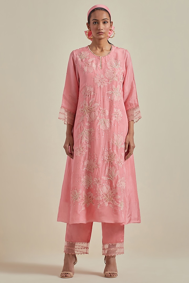 Peach Viscose Silk Floral Thread Embroidered A-Line Kurta Set by One not two at Pernia's Pop Up Shop