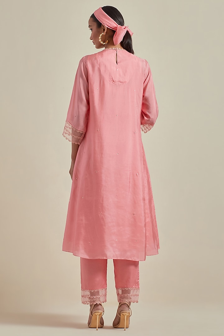 Peach Viscose Silk Floral Thread Embroidered A-Line Kurta Set by One not two at Pernia's Pop Up Shop