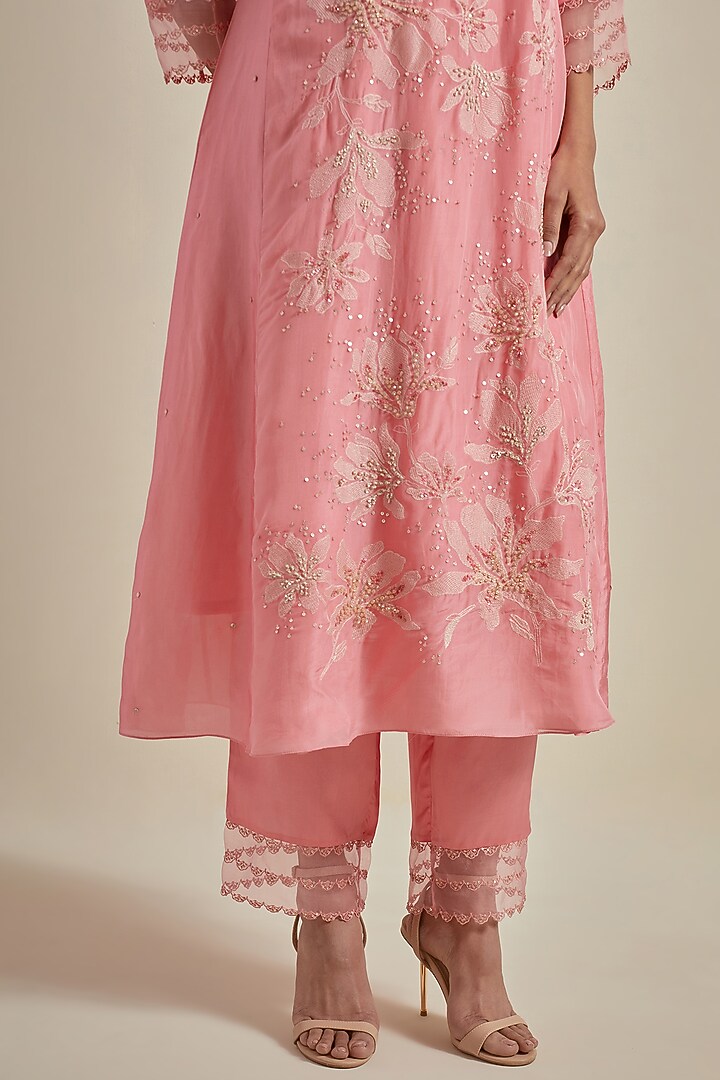 Peach Viscose Silk Floral Thread Embroidered A-Line Kurta Set by One not two at Pernia's Pop Up Shop