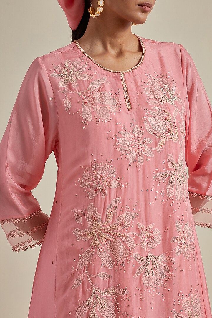 Peach Viscose Silk Floral Thread Embroidered A-Line Kurta Set by One not two at Pernia's Pop Up Shop
