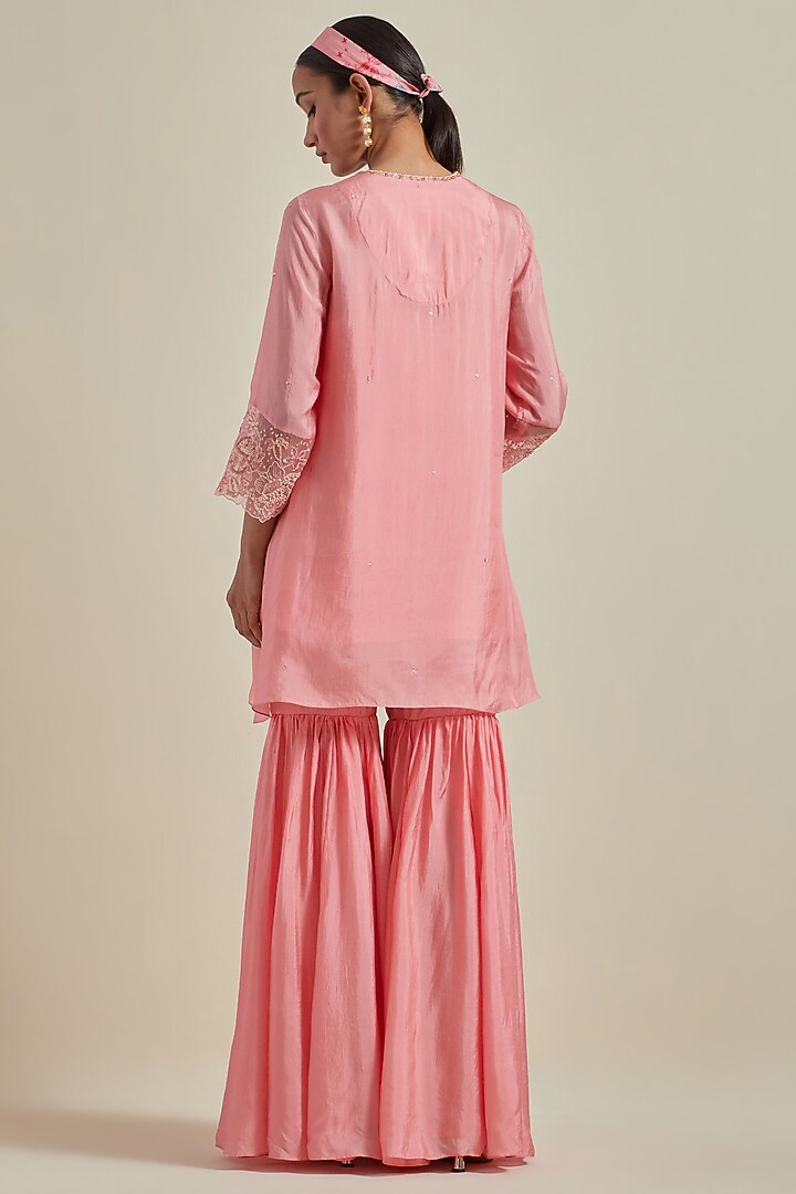 Peach Viscose Silk Thread Embroidered Wedding Sharara Set by One not two at Pernia's Pop Up Shop