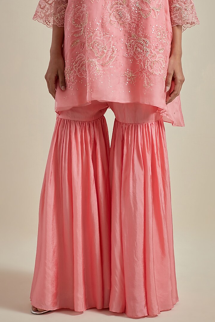 Peach Viscose Silk Thread Embroidered Wedding Sharara Set by One not two at Pernia's Pop Up Shop