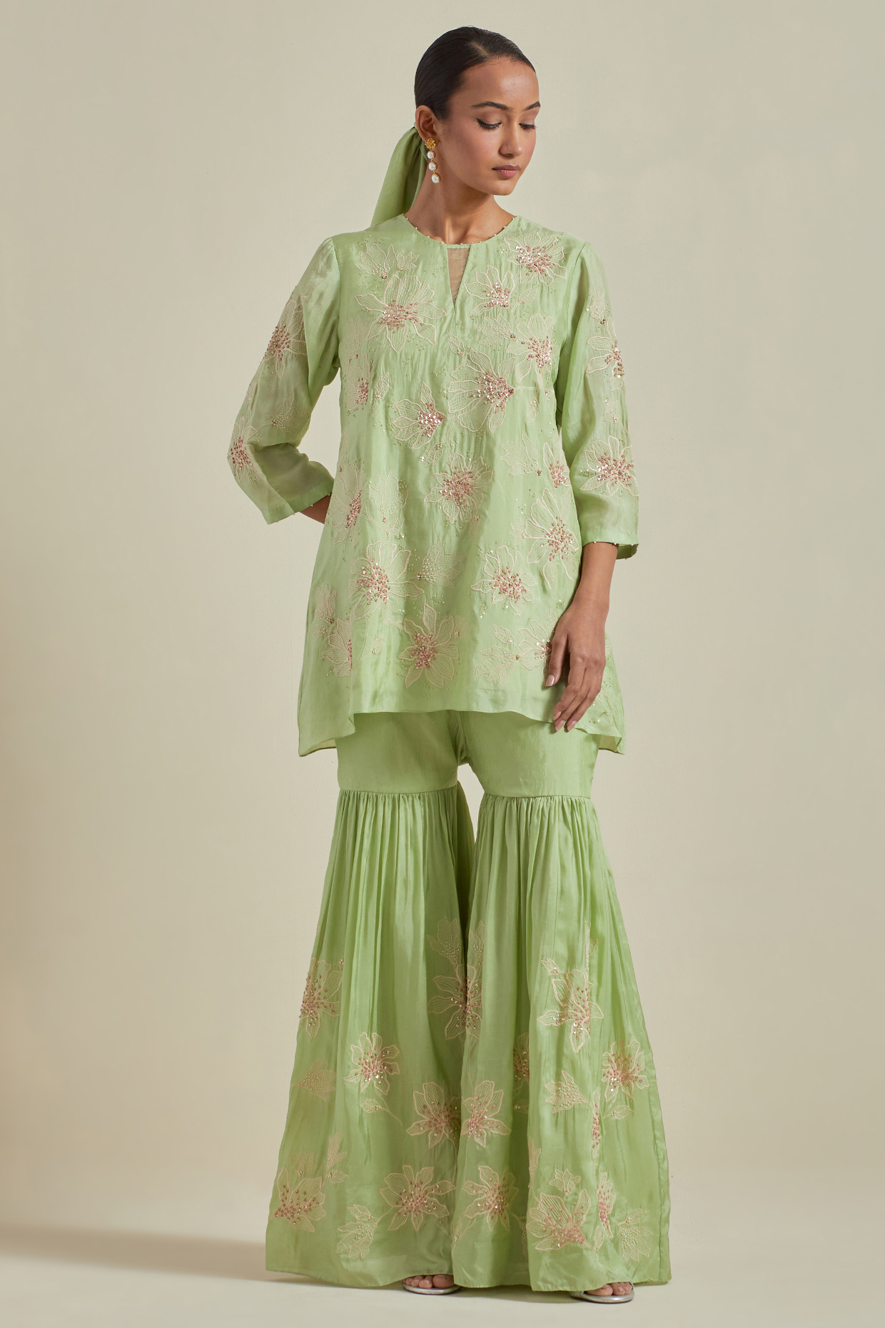 Mist Green Viscose Silk Thread Embroidered Wedding Sharara Set by One not two at Pernia's Pop Up Shop