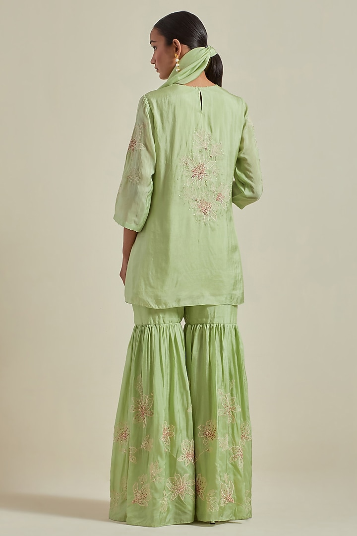 Mist Green Viscose Silk Thread Embroidered Wedding Sharara Set by One not two at Pernia's Pop Up Shop