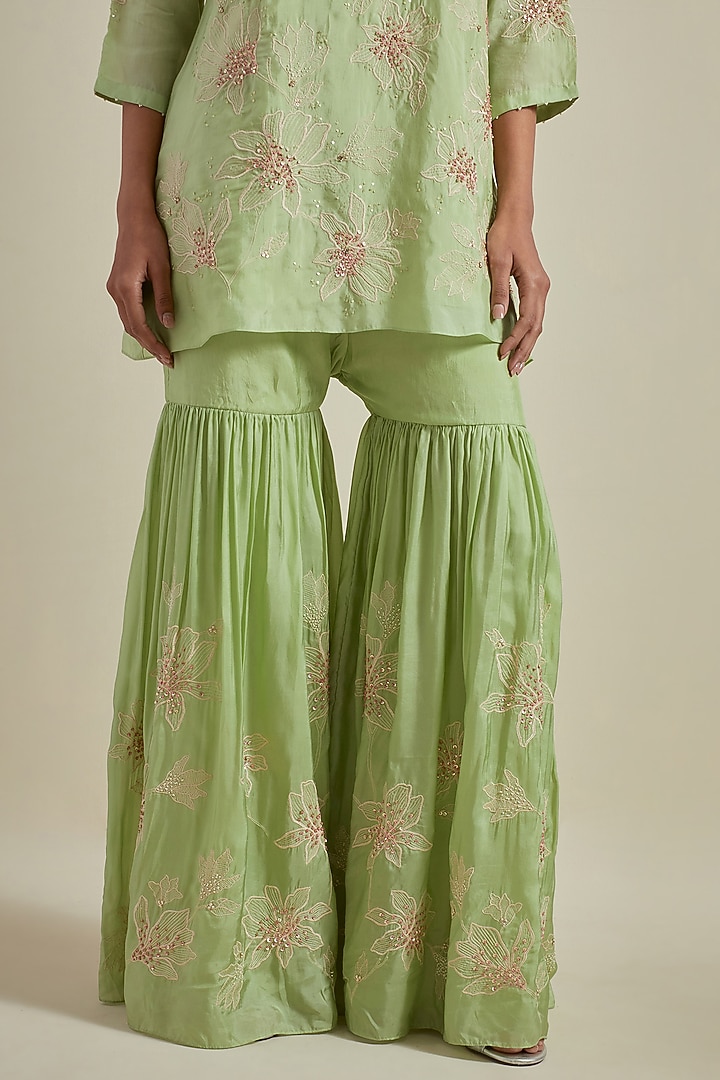 Mist Green Viscose Silk Thread Embroidered Wedding Sharara Set by One not two at Pernia's Pop Up Shop