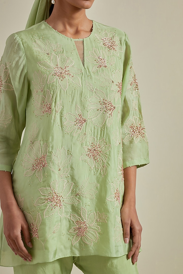 Mist Green Viscose Silk Thread Embroidered Wedding Sharara Set by One not two at Pernia's Pop Up Shop
