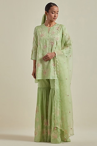 Mist Green Organza Boota Hand Embroidered Dupatta by One not two