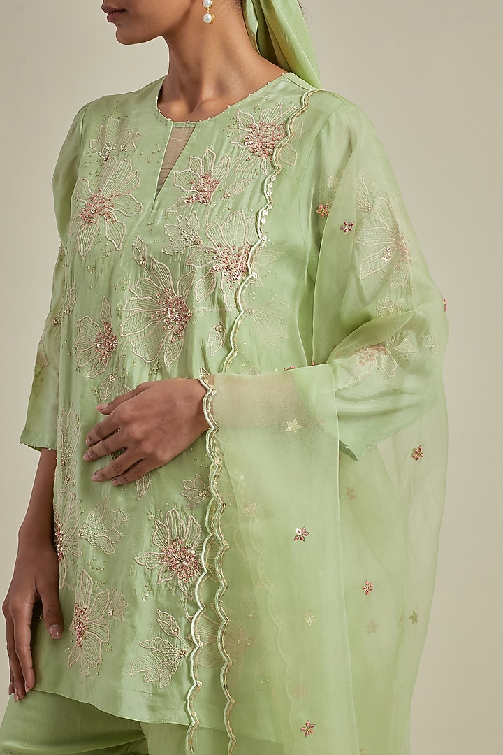 Mist Green Organza Boota Hand Embroidered Dupatta by One not two at Pernia's Pop Up Shop