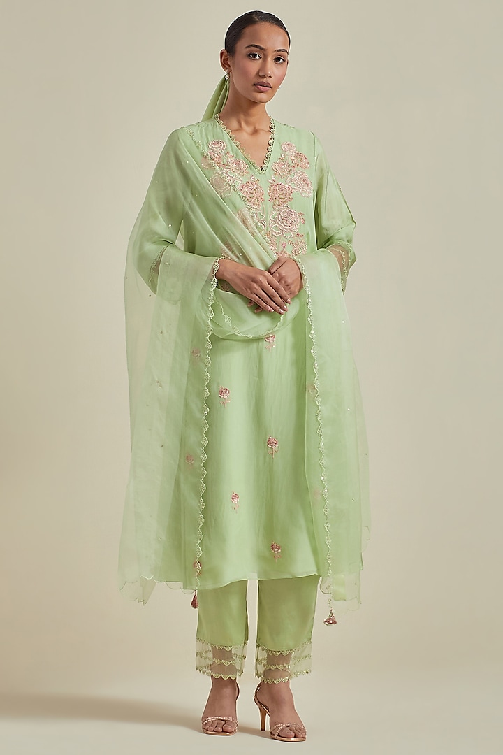 Mist Green Organza Sequins Work Dupatta by One not two at Pernia's Pop Up Shop