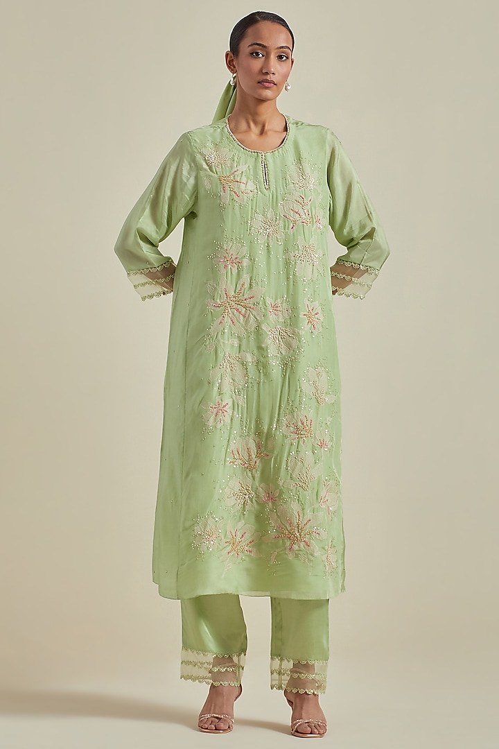 Mist Green Viscose Silk Floral Thread Embroidered A-Line Kurta Set by One not two at Pernia's Pop Up Shop