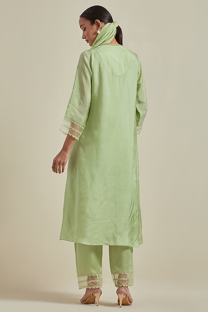 Mist Green Viscose Silk Floral Thread Embroidered A-Line Kurta Set by One not two at Pernia's Pop Up Shop