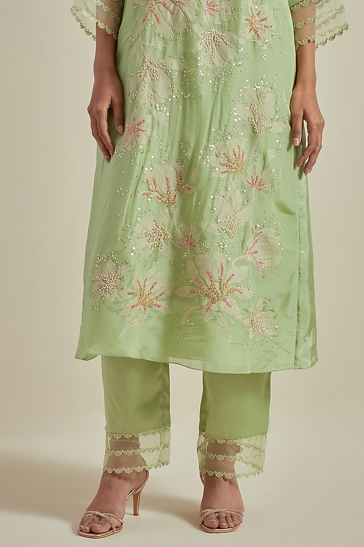 Mist Green Viscose Silk Floral Thread Embroidered A-Line Kurta Set by One not two at Pernia's Pop Up Shop