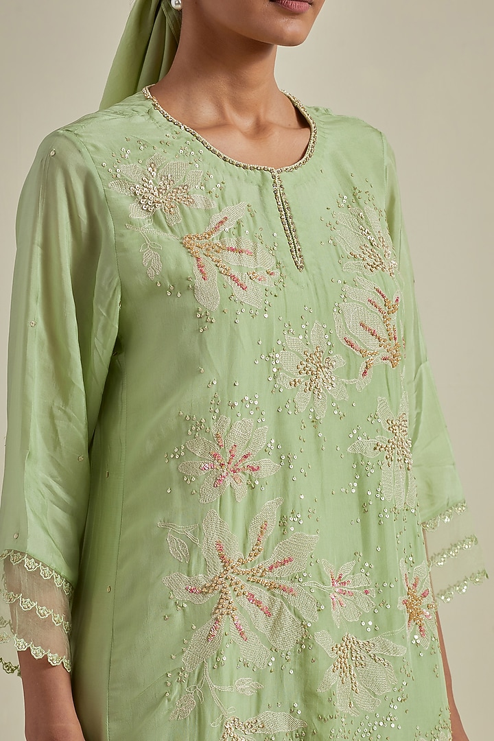 Mist Green Viscose Silk Floral Thread Embroidered A-Line Kurta Set by One not two at Pernia's Pop Up Shop