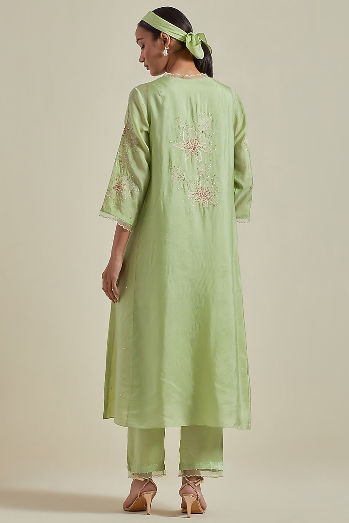 Mist Green Viscose Silk Floral Thread Embroidered Kurta Set by One not two at Pernia's Pop Up Shop