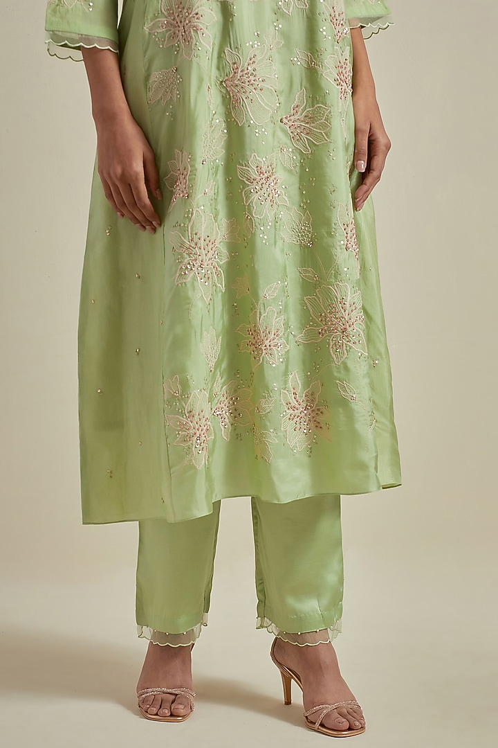 Mist Green Viscose Silk Floral Thread Embroidered Kurta Set by One not two at Pernia's Pop Up Shop