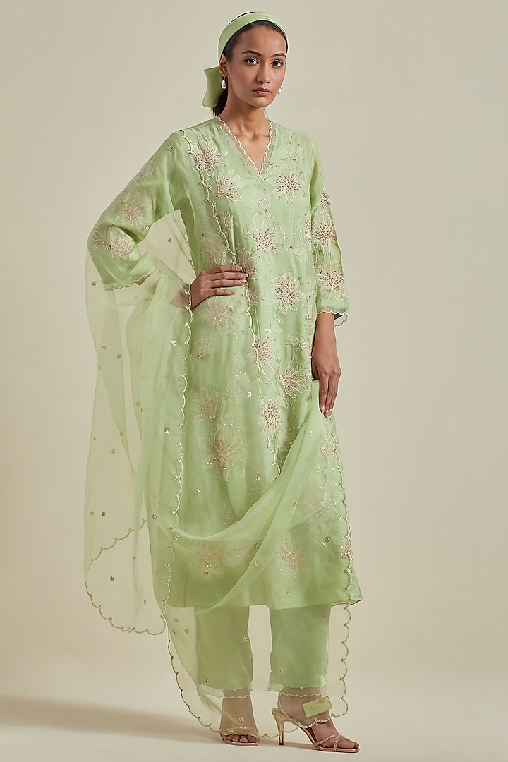 Mist Green Organza Sequins Work Dupatta by One not two at Pernia's Pop Up Shop