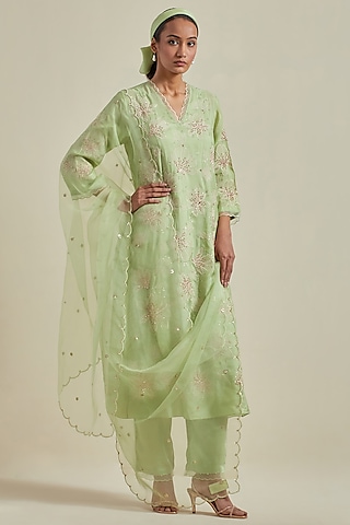 Mist Green Organza Sequins Work Dupatta by One not two