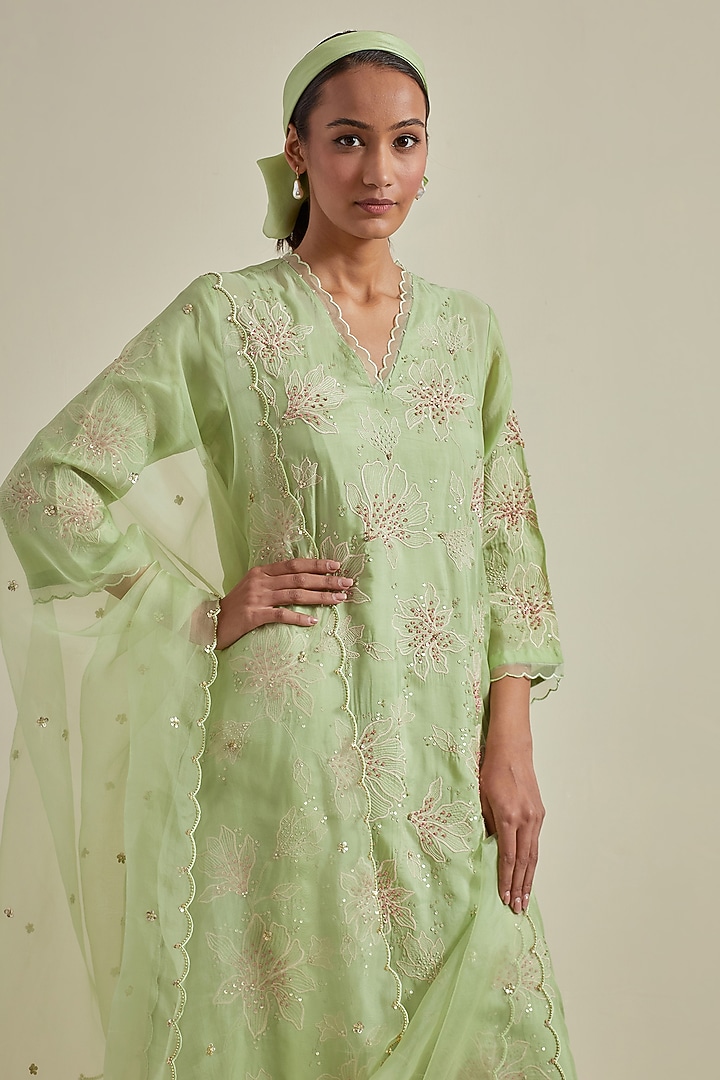 Mist Green Organza Sequins Work Dupatta by One not two at Pernia's Pop Up Shop