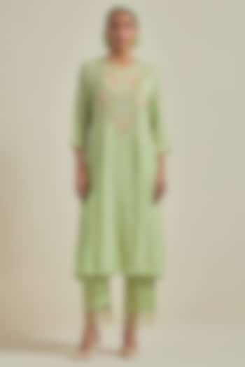 Mist Green Viscose Silk Floral Beads Embroidered Kurta Set by One not two at Pernia's Pop Up Shop