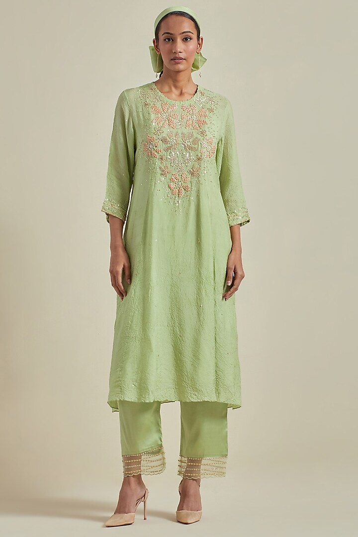 Mist Green Viscose Silk Floral Beads Embroidered Kurta Set by One not two at Pernia's Pop Up Shop