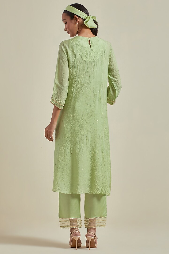Mist Green Viscose Silk Floral Beads Embroidered Kurta Set by One not two at Pernia's Pop Up Shop