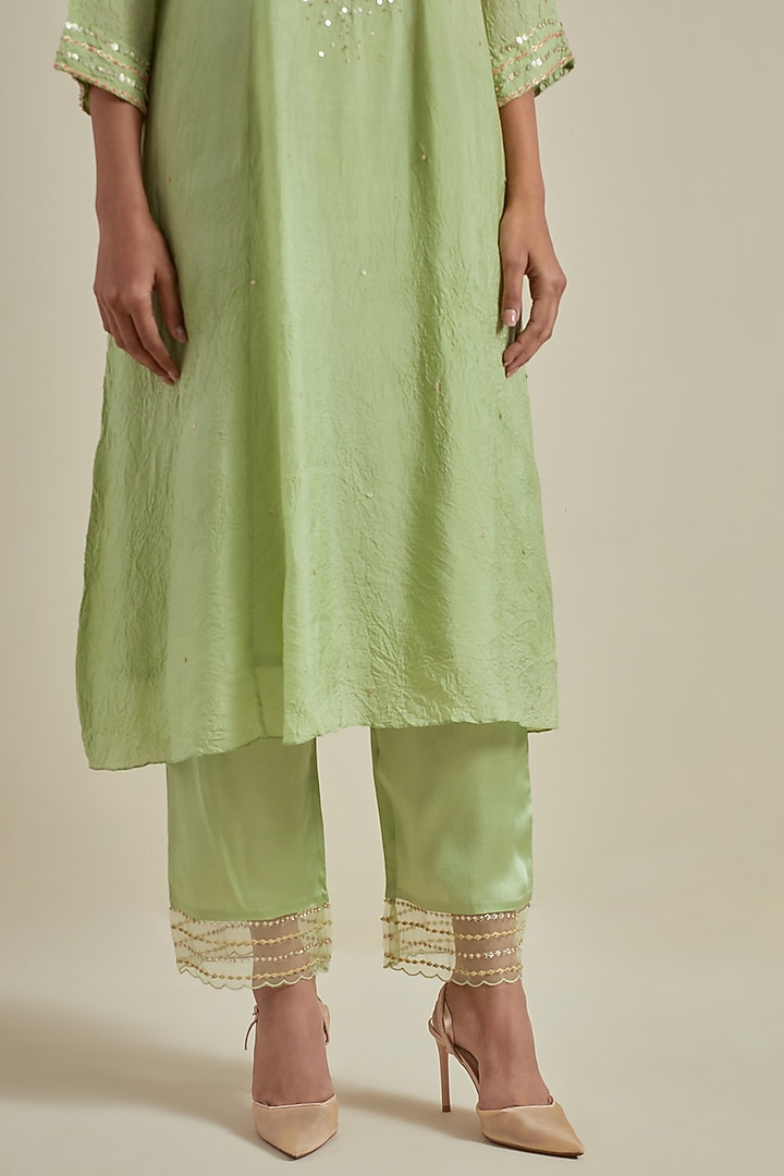 Mist Green Viscose Silk Floral Beads Embroidered Kurta Set by One not two at Pernia's Pop Up Shop