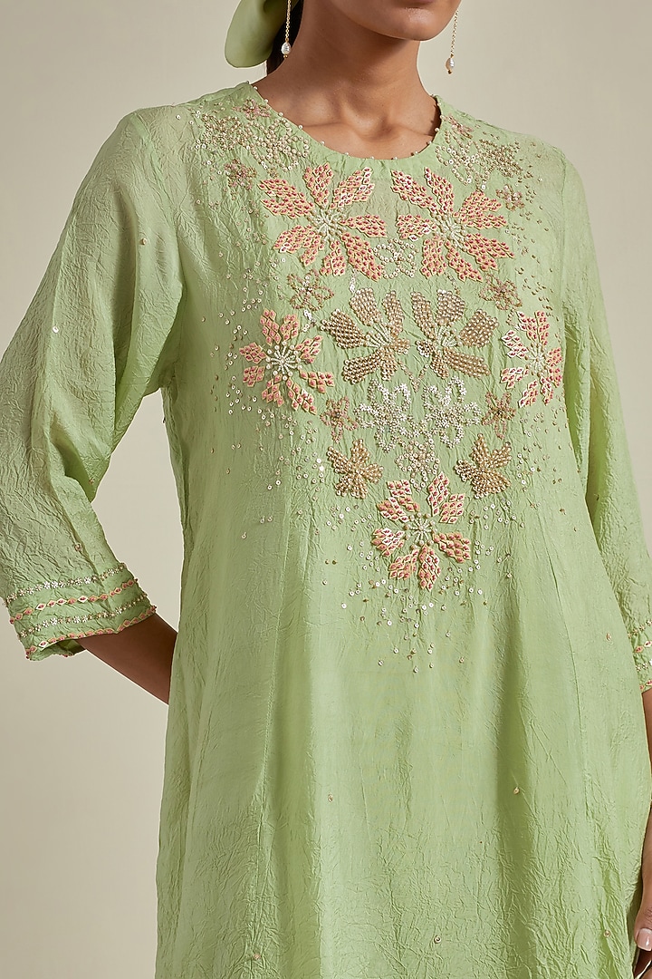 Mist Green Viscose Silk Floral Beads Embroidered Kurta Set by One not two at Pernia's Pop Up Shop