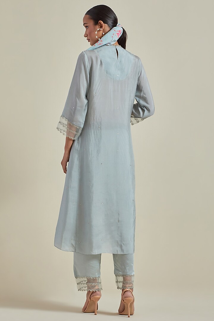 Powder Blue Viscose Silk Thread Embroidered A-Line Kurta Set by One not two at Pernia's Pop Up Shop