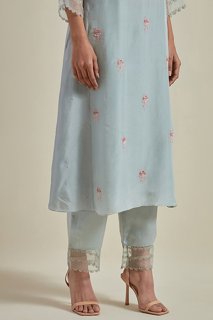 Powder Blue Viscose Silk Thread Embroidered A-Line Kurta Set by One not two at Pernia's Pop Up Shop