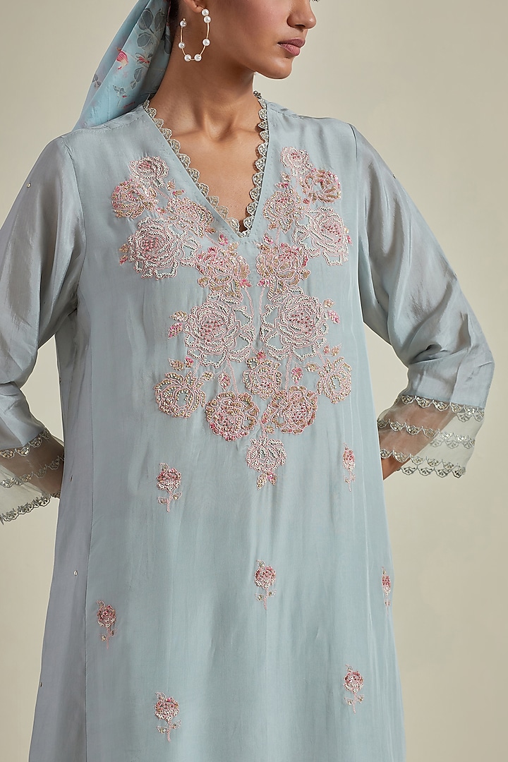 Powder Blue Viscose Silk Thread Embroidered A-Line Kurta Set by One not two at Pernia's Pop Up Shop