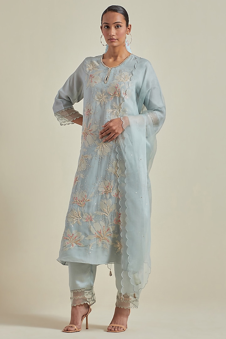 Powder Blue Organza Sequins Work Dupatta by One not two at Pernia's Pop Up Shop