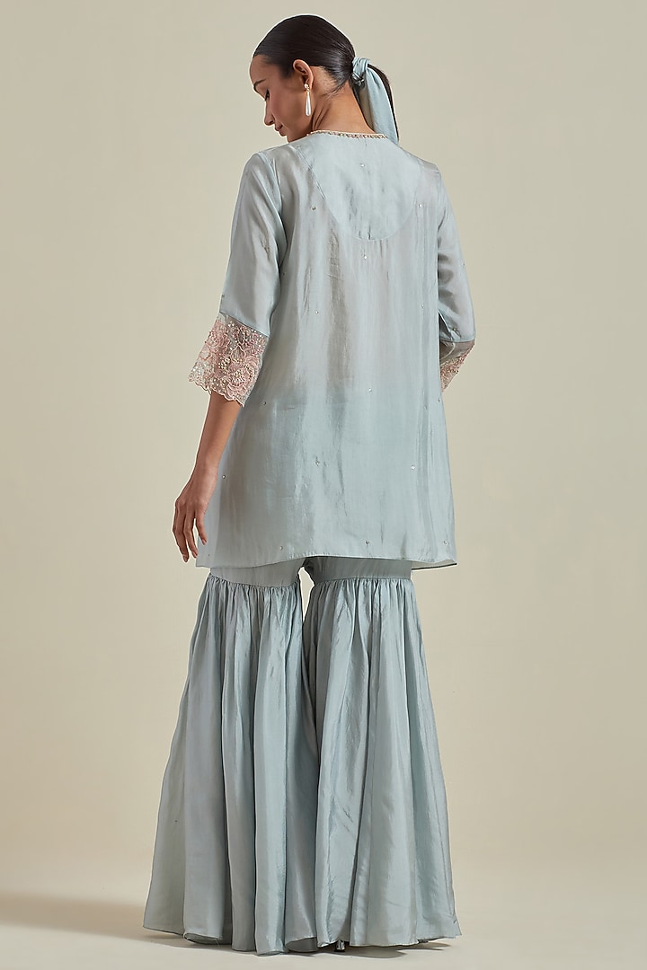 Powder Blue Viscose Silk Thread Embroidered Wedding Sharara Set by One not two at Pernia's Pop Up Shop