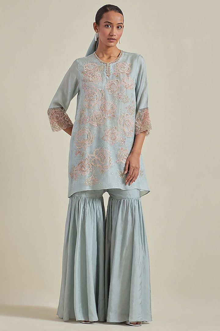 Powder Blue Viscose Silk Thread Embroidered Sharara Set by One not two at Pernia's Pop Up Shop