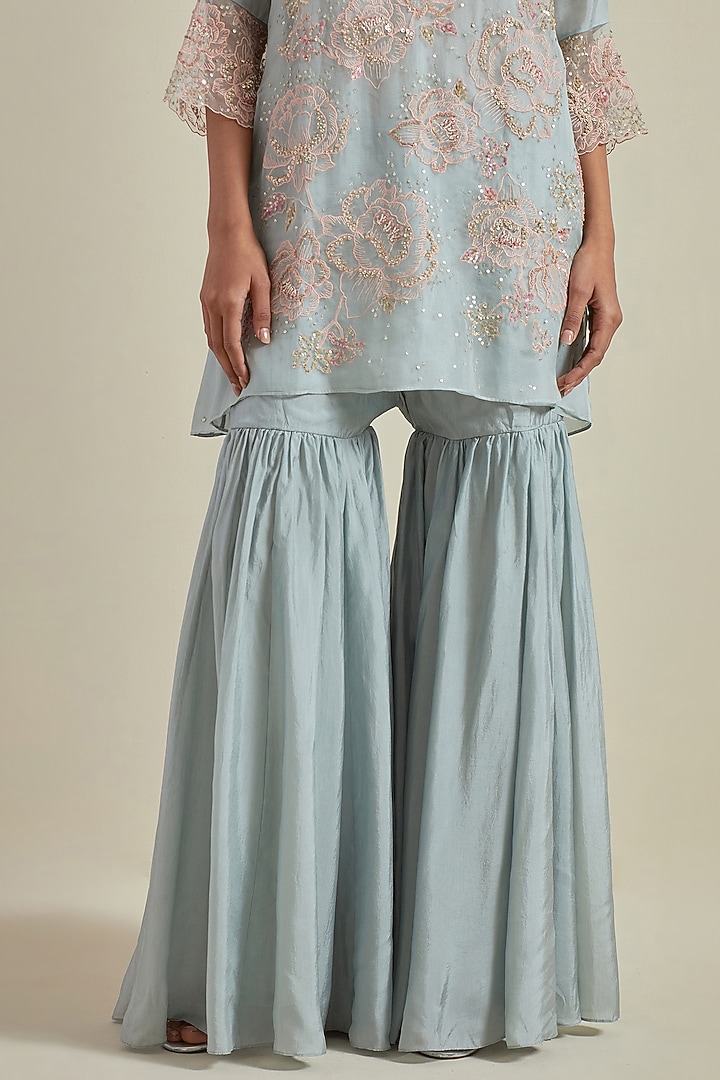 Powder Blue Viscose Silk Thread Embroidered Wedding Sharara Set by One not two at Pernia's Pop Up Shop