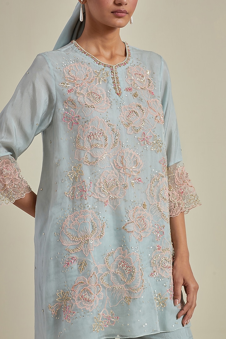 Powder Blue Viscose Silk Thread Embroidered Wedding Sharara Set by One not two at Pernia's Pop Up Shop