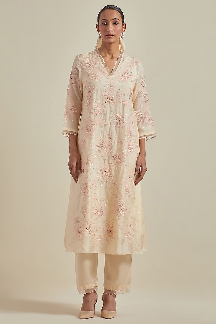 Ecru Viscose Silk Floral Thread Embroidered A-Line Kurta Set by One not two at Pernia's Pop Up Shop