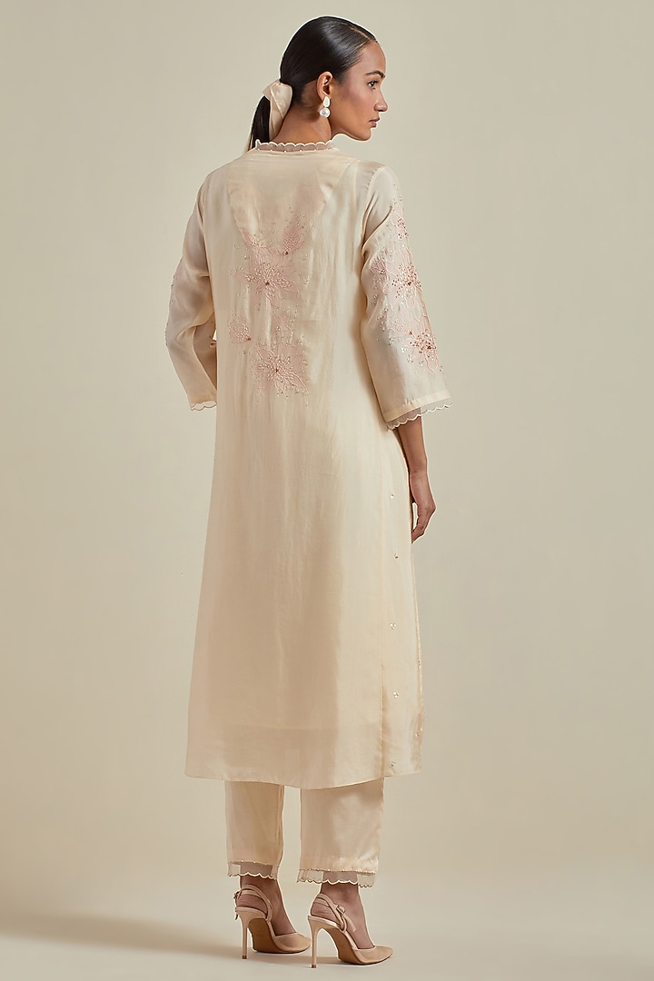 Ecru Viscose Silk Floral Thread Embroidered A-Line Kurta Set by One not two at Pernia's Pop Up Shop