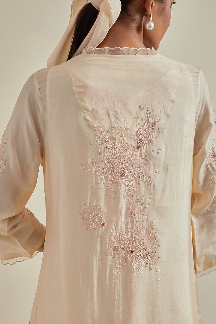 Ecru Viscose Silk Floral Thread Embroidered A-Line Kurta Set by One not two at Pernia's Pop Up Shop