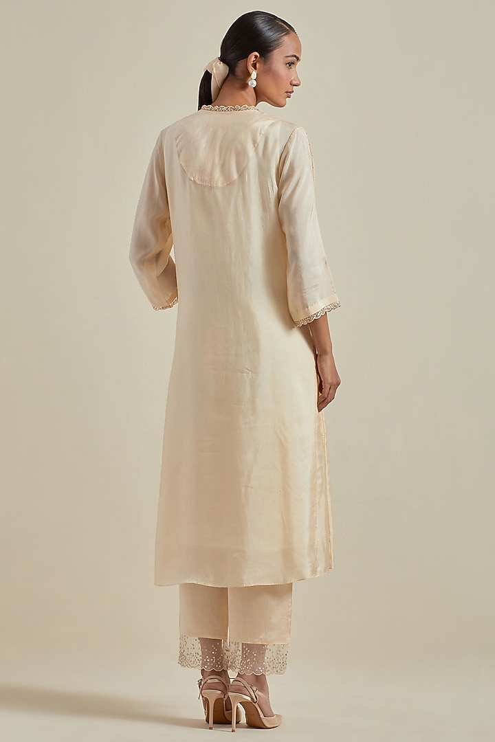 Ecru Viscose Silk Floral Hand Embroidered A-Line Kurta Set by One not two at Pernia's Pop Up Shop