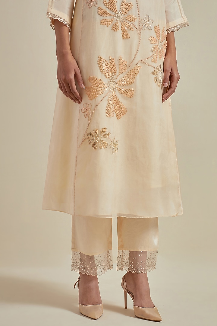 Ecru Viscose Silk Floral Hand Embroidered A-Line Kurta Set by One not two at Pernia's Pop Up Shop
