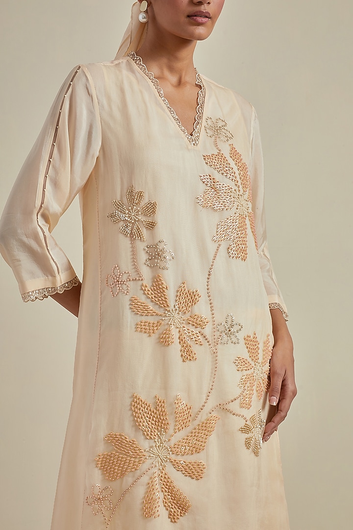 Ecru Viscose Silk Floral Hand Embroidered A-Line Kurta Set by One not two at Pernia's Pop Up Shop