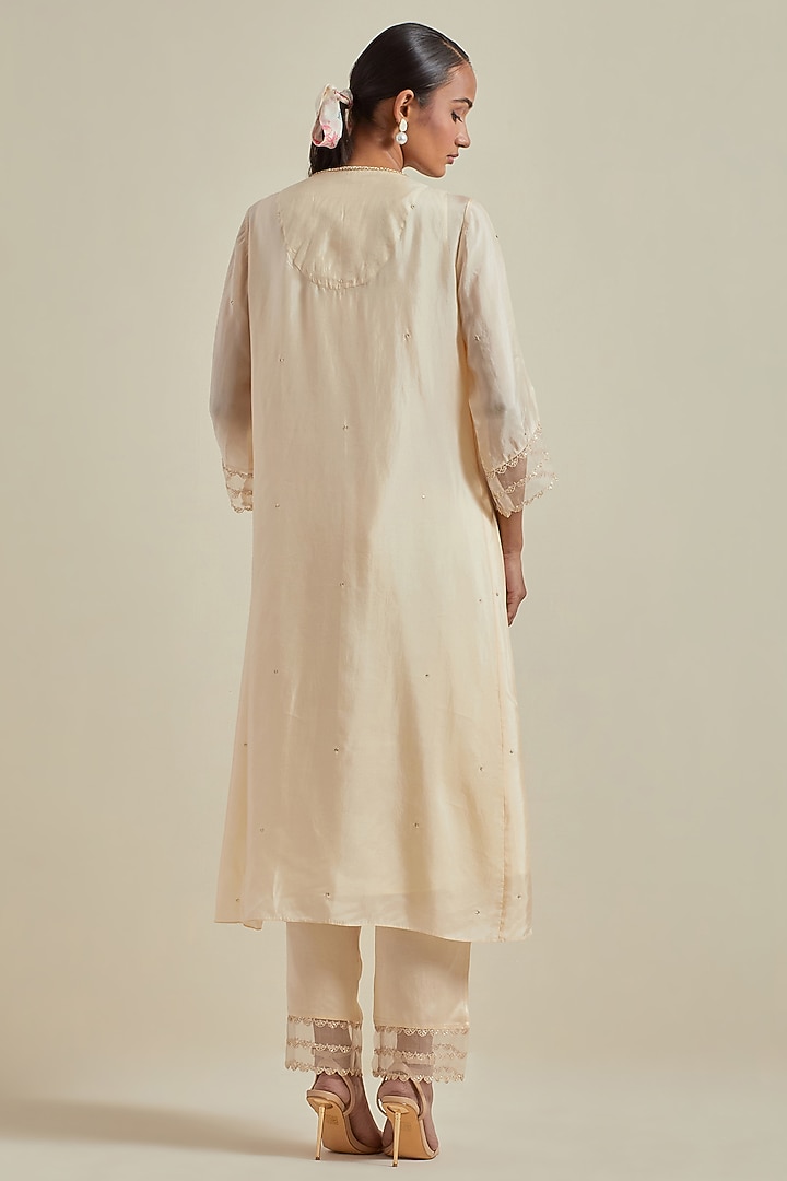 Ecru Viscose Silk Floral Thread Embroidered A-Line Kurta Set by One not two at Pernia's Pop Up Shop